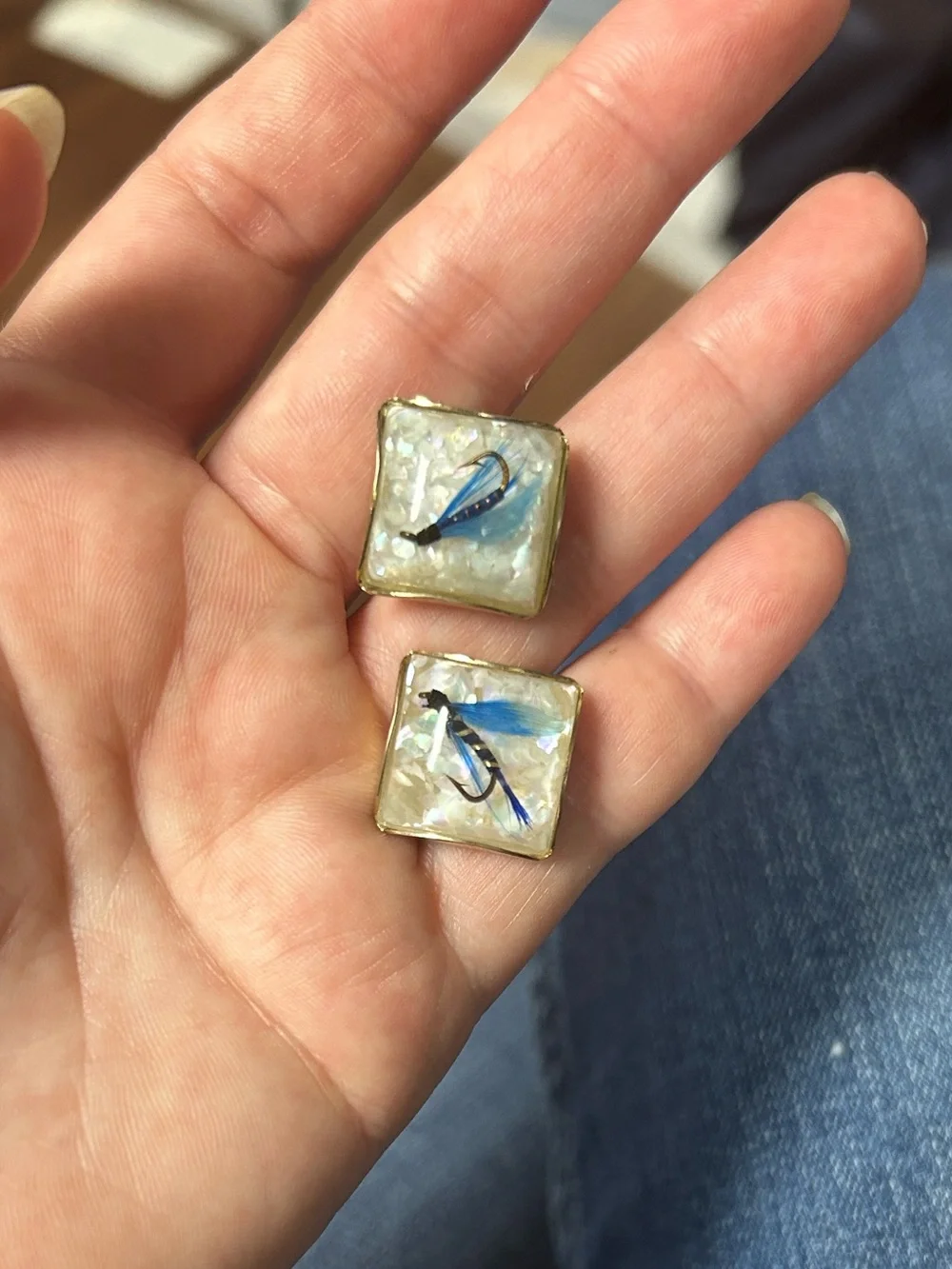 Vintage Fishing Lure Cuff Links with Iridescent Inlay and Gold Tone